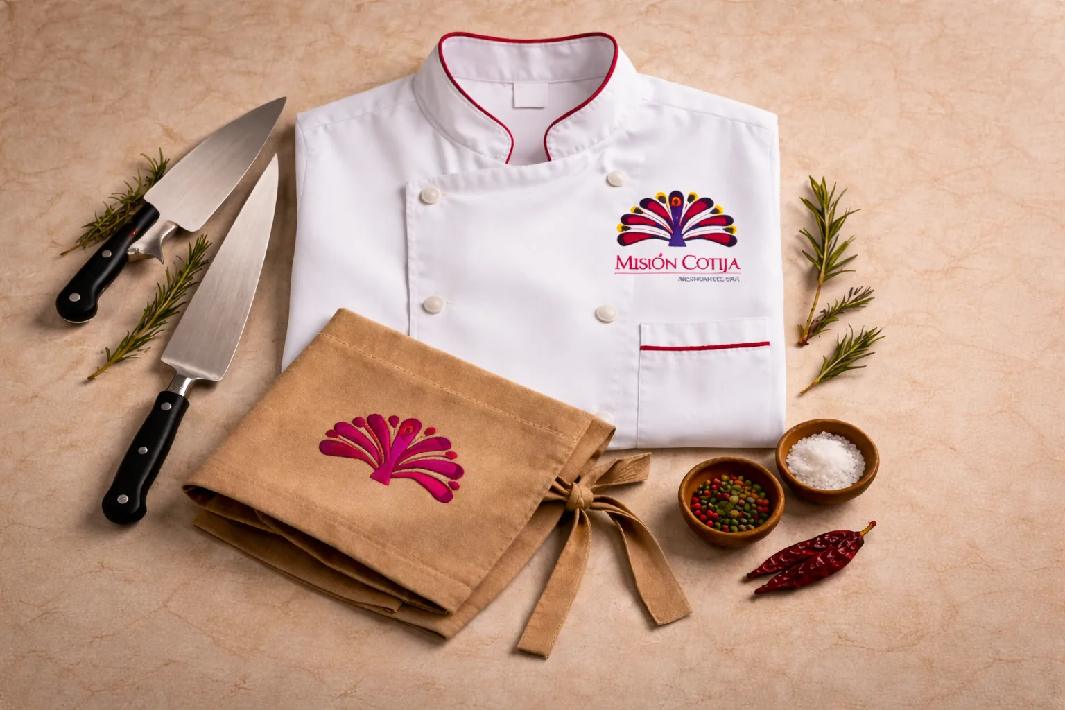 A chef's jacket and service napkin carrying the mark