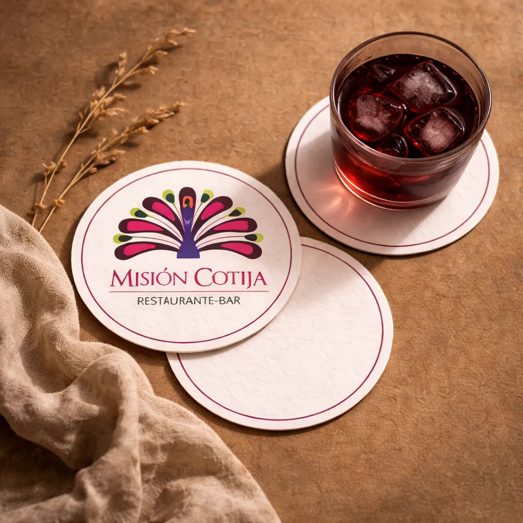 A Misión Cotija coaster beside a glass of hibiscus water