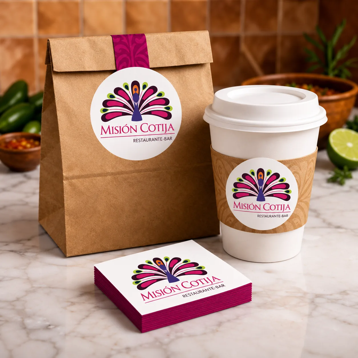 Takeaway bag, coffee cup and napkins carrying the mark