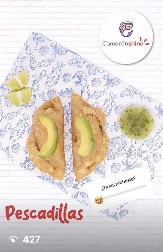 Reel still: pescadillas on the paper liner with the seafood pattern, the logo and a poll sticker, 427 views