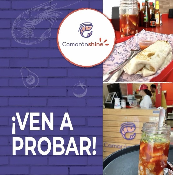 Navy post with the brick texture, the logo in a circle and photos of the food, reading Ven a probar