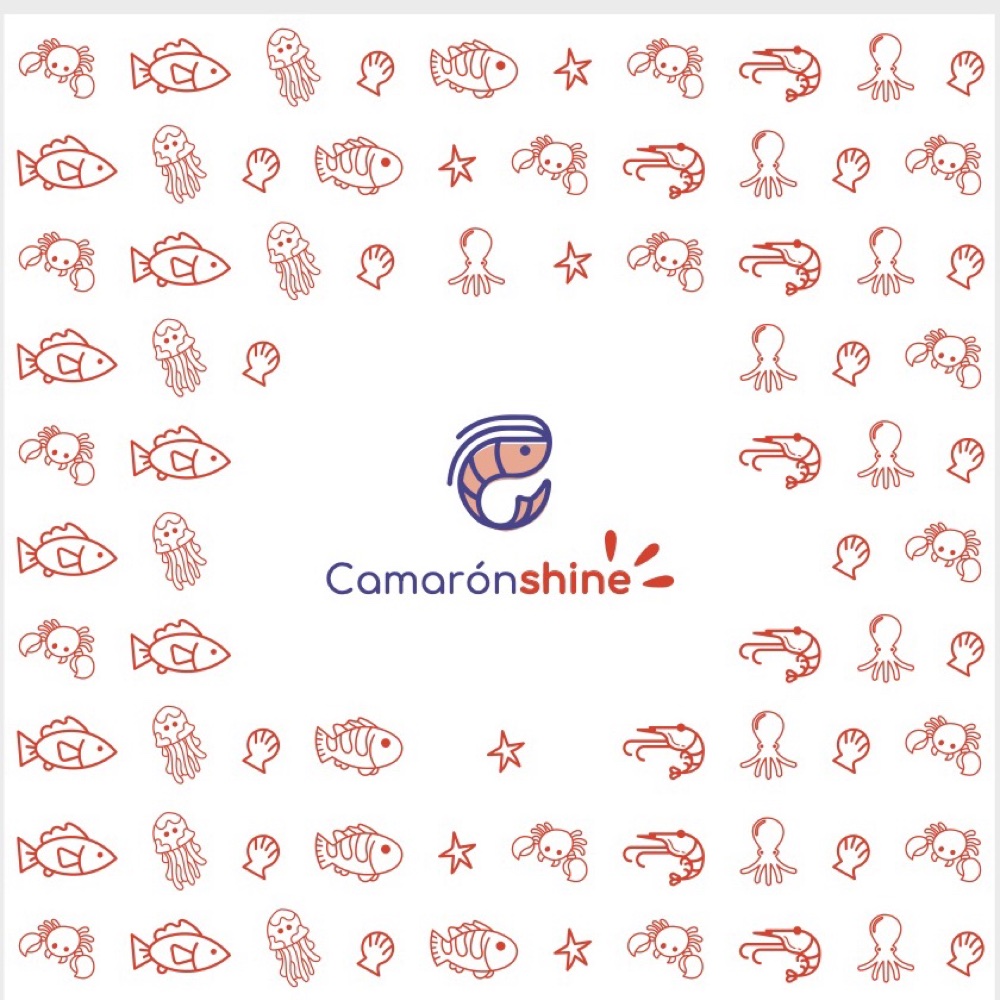 Red line-icon pattern of shrimp, fish, octopus, crabs and shells, with the logo in the centre