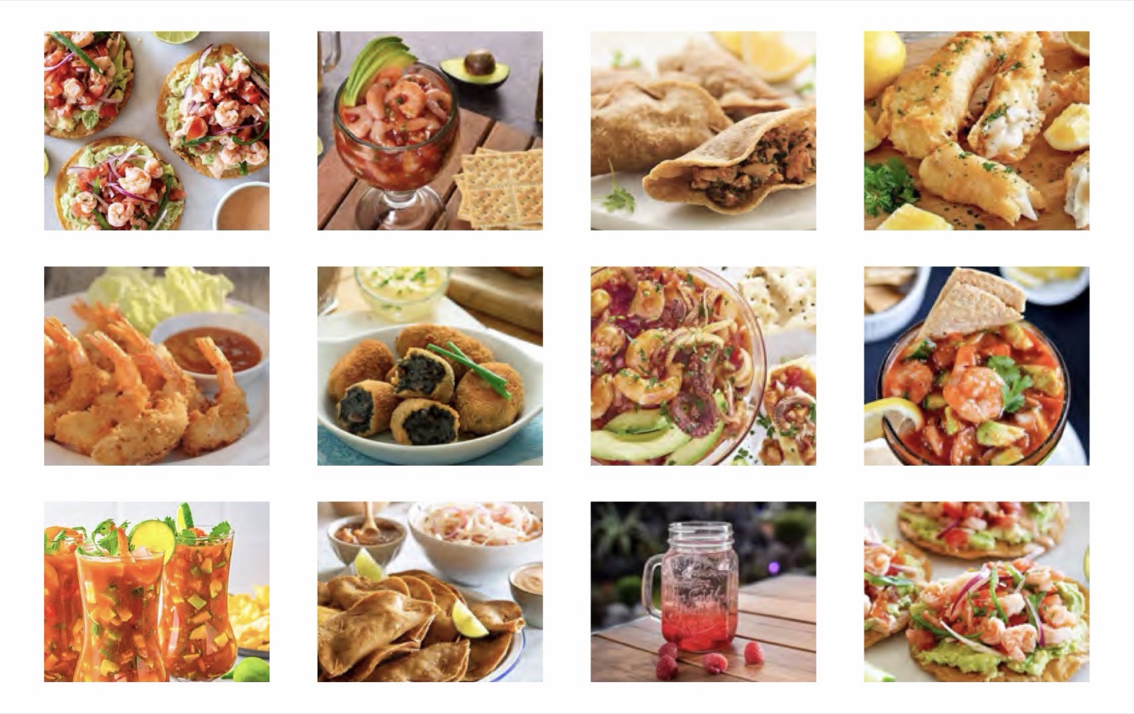 Grid of twelve dish photos: tostadas, shrimp cocktails, fried shrimp, ceviche and drinks