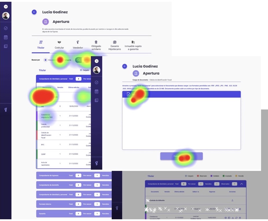 Click heatmaps over the document table and upload screens, with clusters on the search bar, the first table row and the upload button