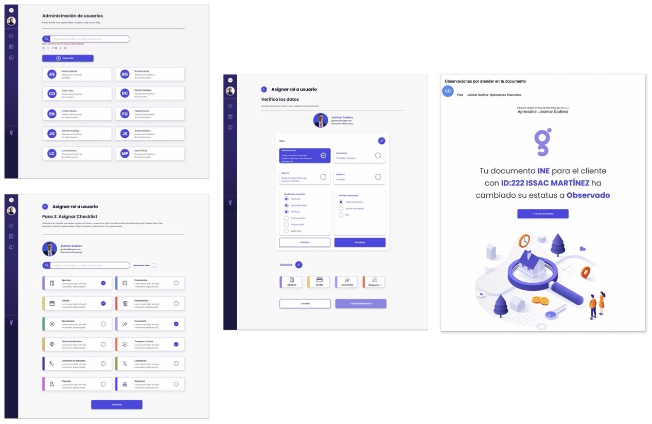 User administration, role and checklist assignment screens, and an email telling a user their ID document changed status to Observed