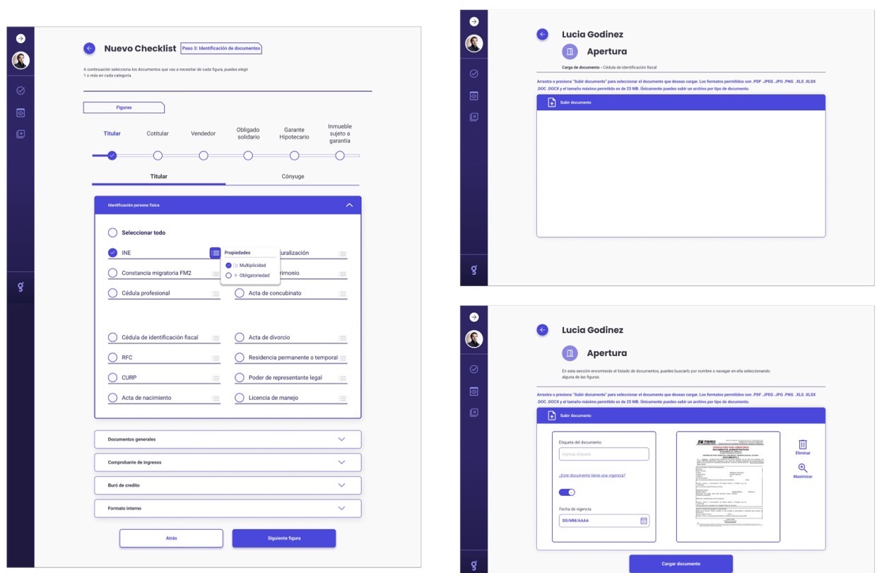 New checklist screen with document categories for each participant, next to the empty and filled document upload screens