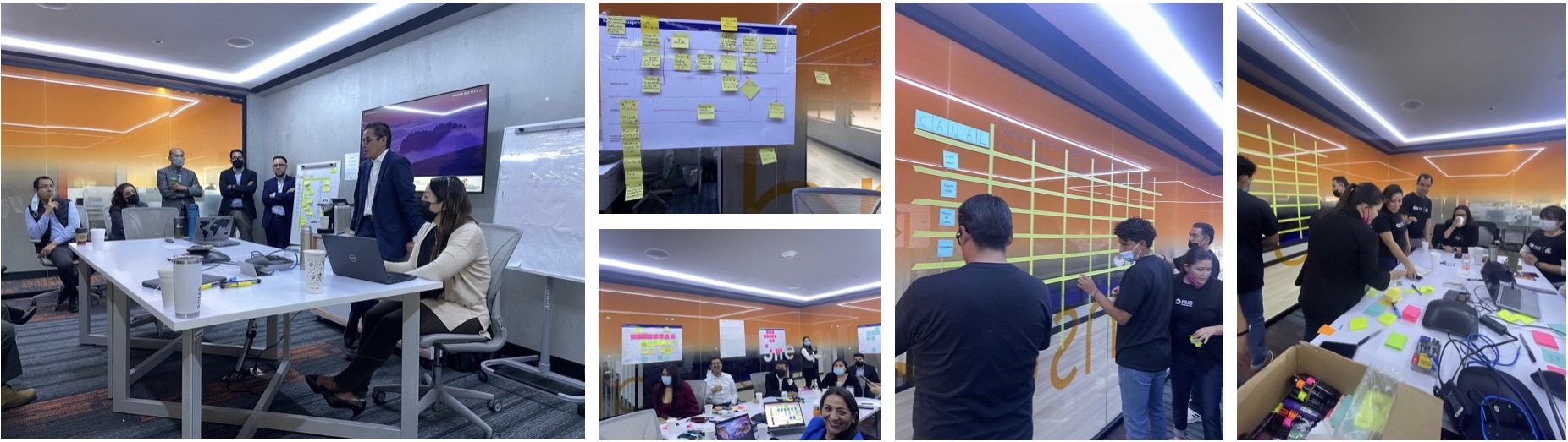 Alignment workshop with HIR Casa stakeholders: a presentation, sticky notes on a glass wall and teams mapping ideas