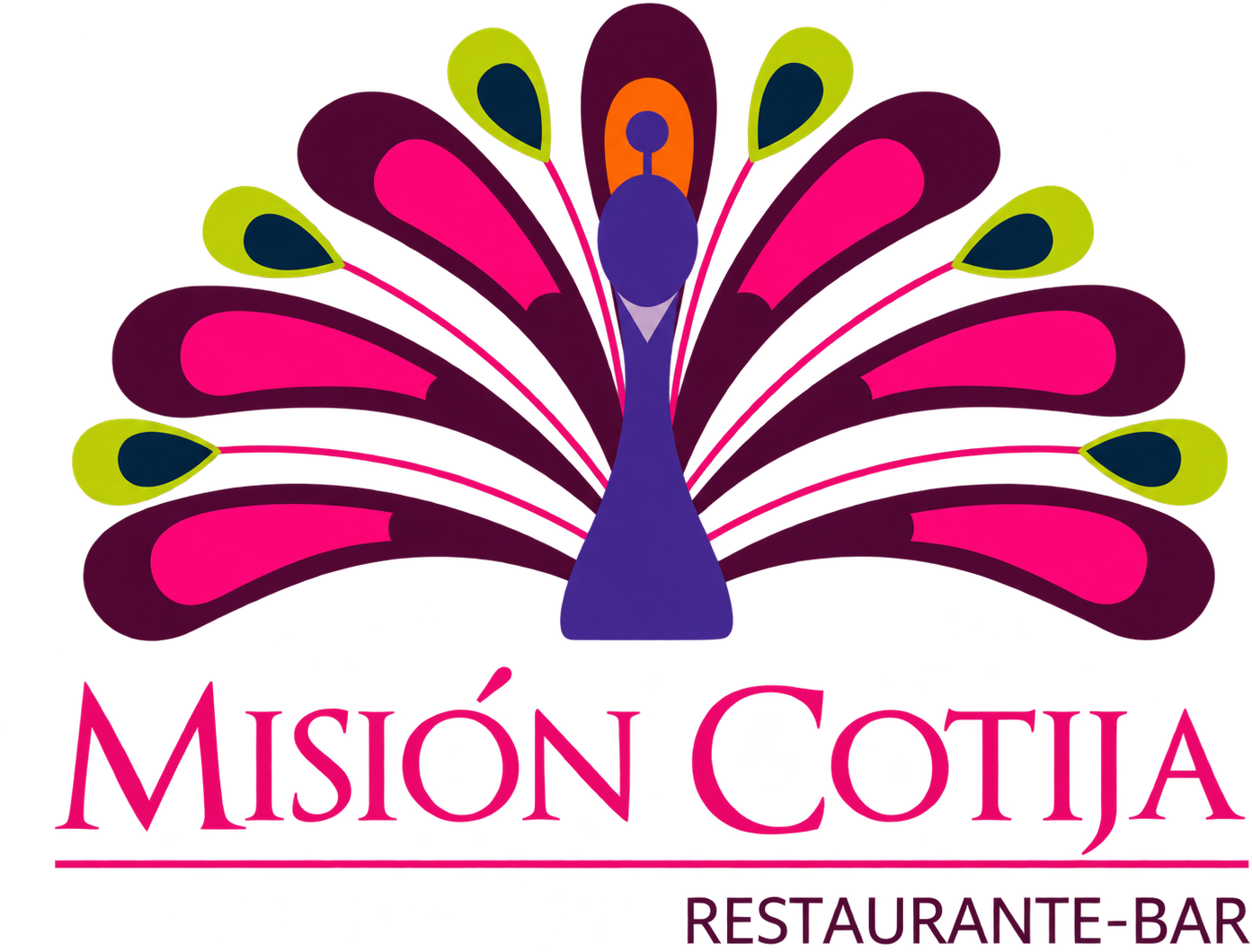 Misión Cotija restaurant-bar logo: a peacock with an open fan of pink, plum and lime feathers